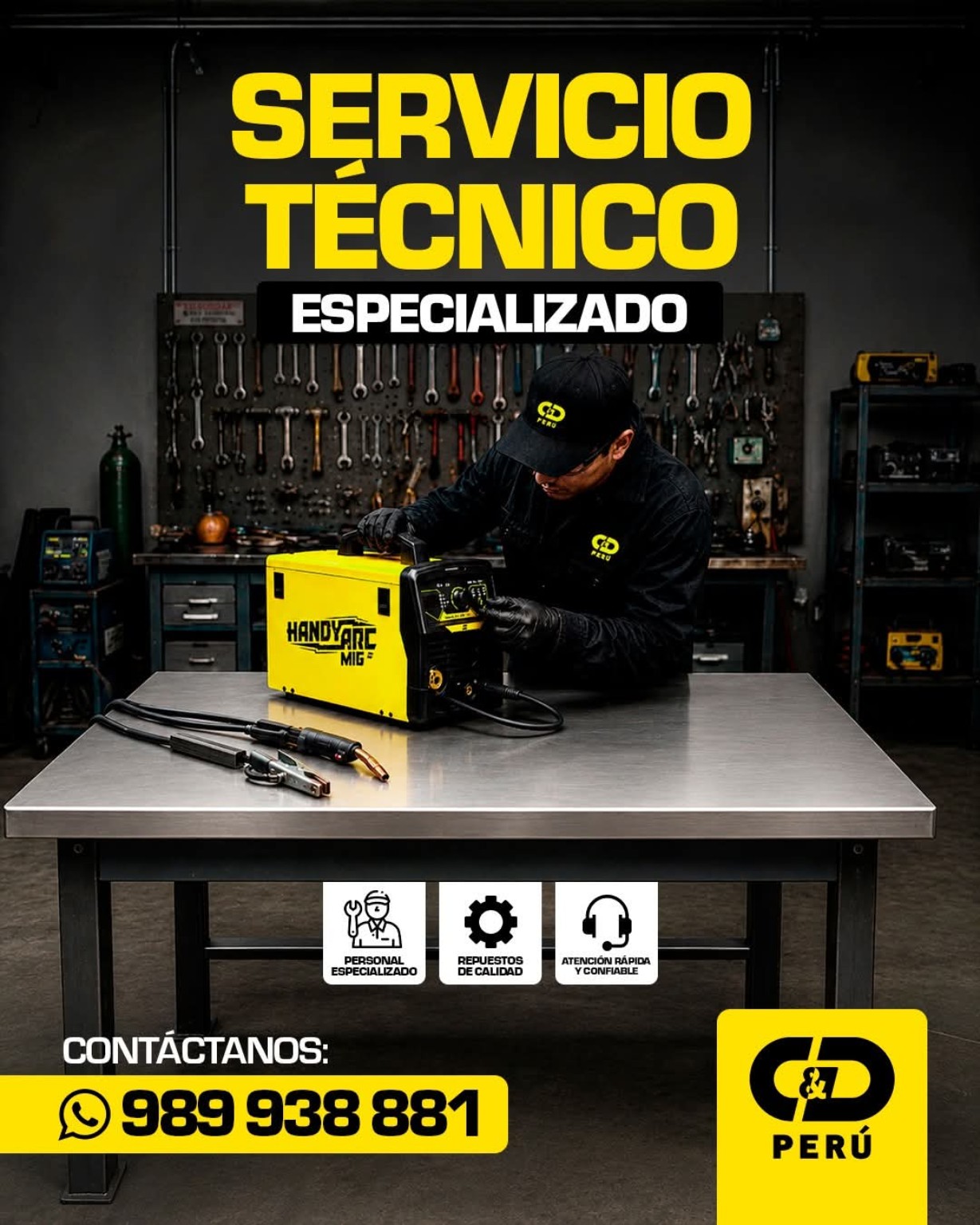 Técnico especializado de C&D Perú realizando mantenimiento a un equipo de soldar
